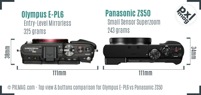 Olympus E-PL6 vs Panasonic ZS50 top view buttons comparison