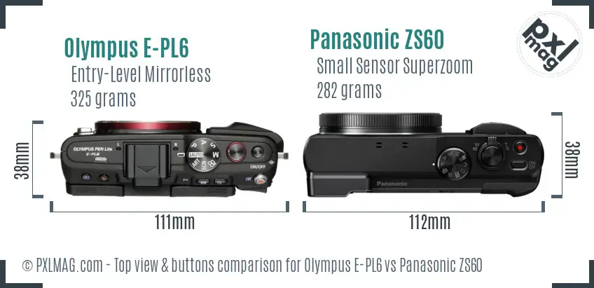 Olympus E-PL6 vs Panasonic ZS60 top view buttons comparison