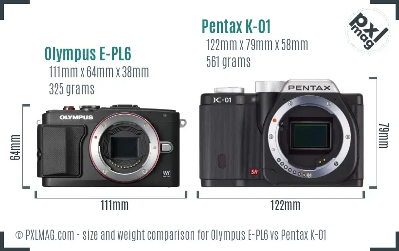 Olympus E-PL6 vs Pentax K-01 size comparison