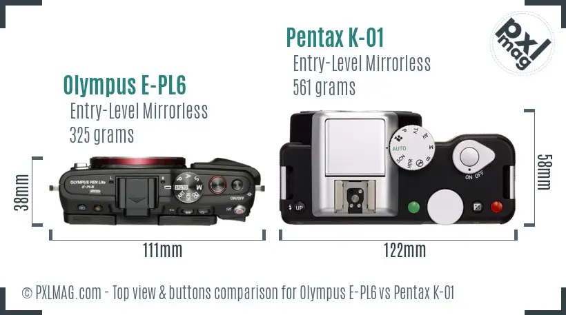 Olympus E-PL6 vs Pentax K-01 top view buttons comparison