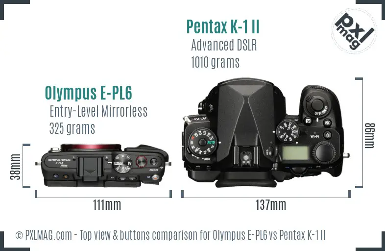 Olympus E-PL6 vs Pentax K-1 II top view buttons comparison