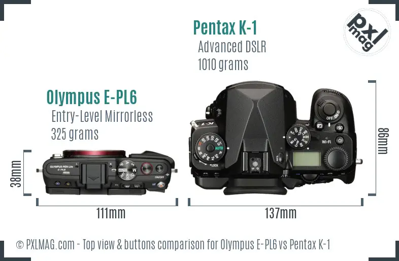 Olympus E-PL6 vs Pentax K-1 top view buttons comparison