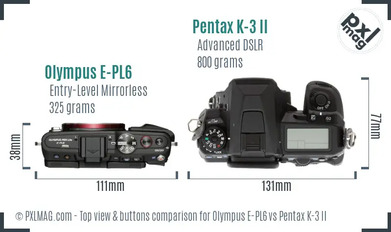 Olympus E-PL6 vs Pentax K-3 II top view buttons comparison