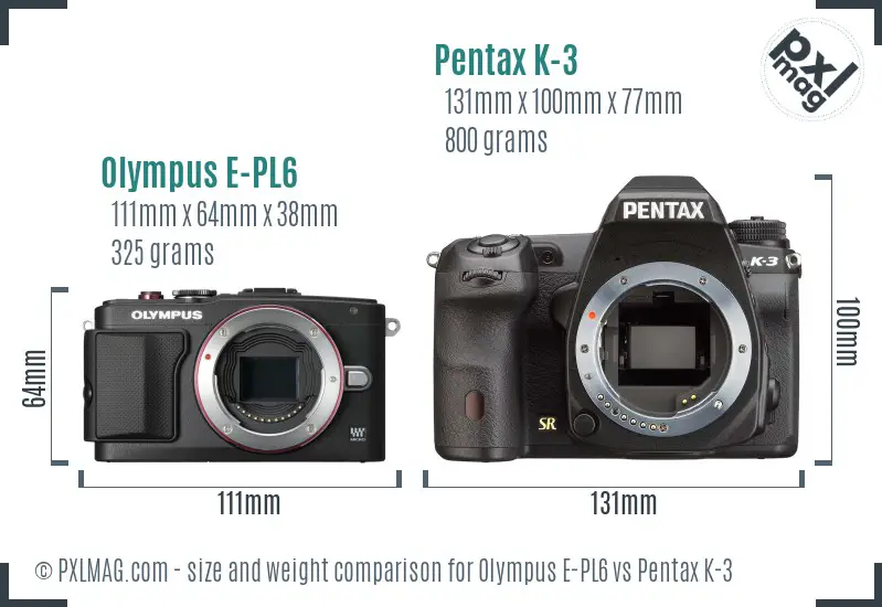 Olympus E-PL6 vs Pentax K-3 size comparison