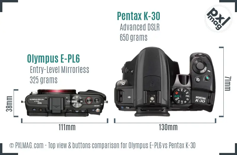 Olympus E-PL6 vs Pentax K-30 top view buttons comparison