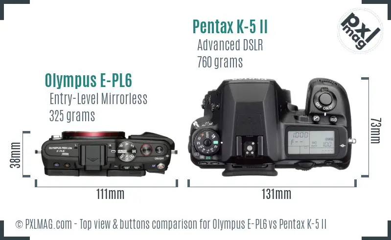 Olympus E-PL6 vs Pentax K-5 II top view buttons comparison