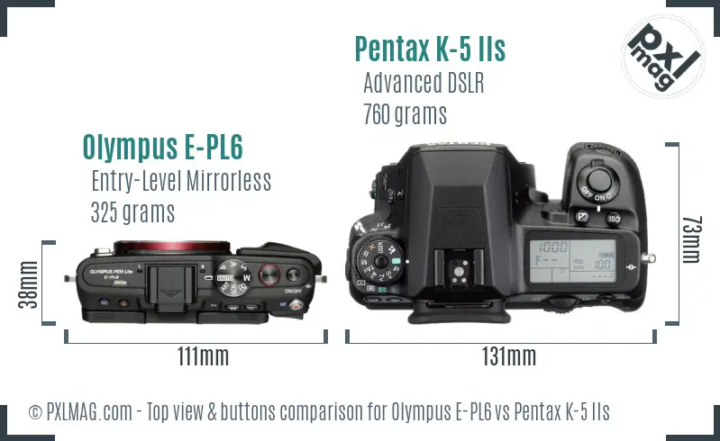 Olympus E-PL6 vs Pentax K-5 IIs top view buttons comparison