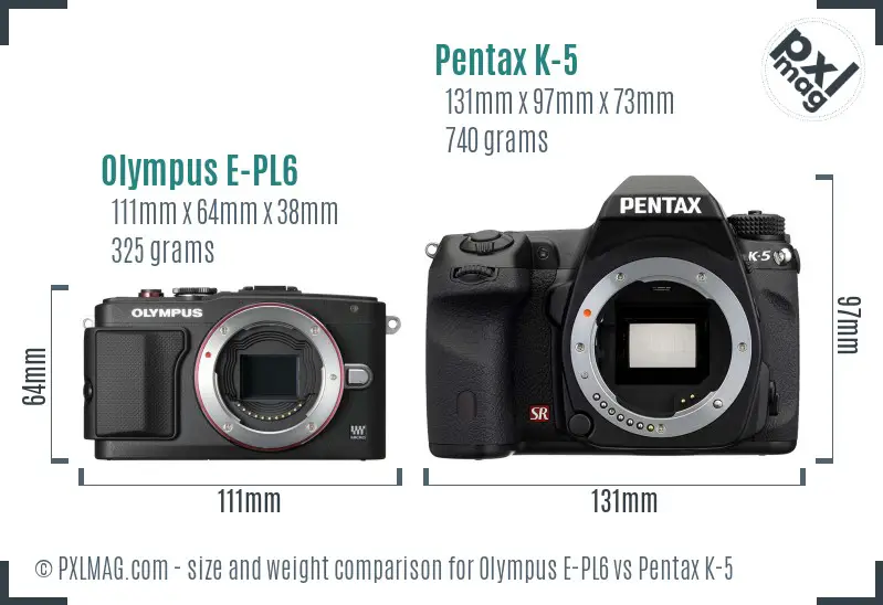 Olympus E-PL6 vs Pentax K-5 size comparison