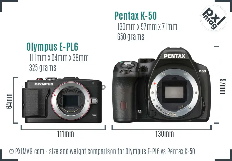Olympus E-PL6 vs Pentax K-50 size comparison