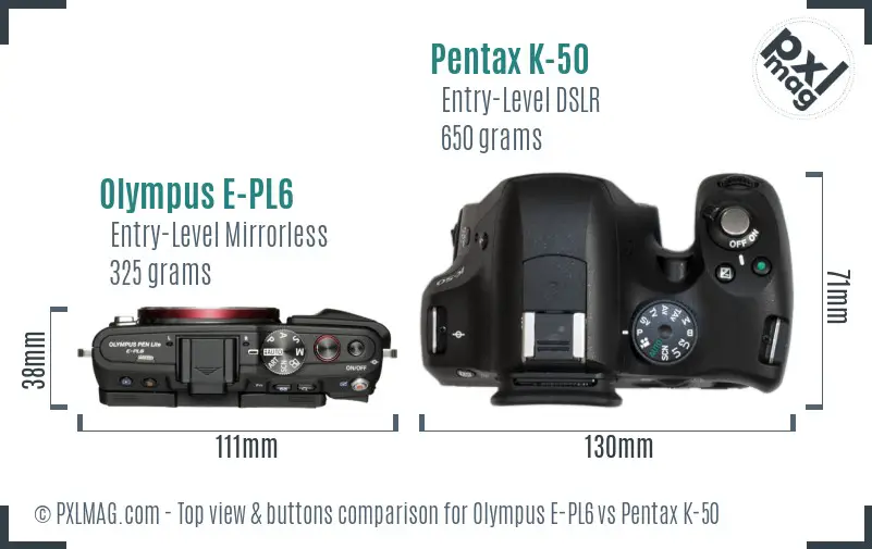 Olympus E-PL6 vs Pentax K-50 top view buttons comparison