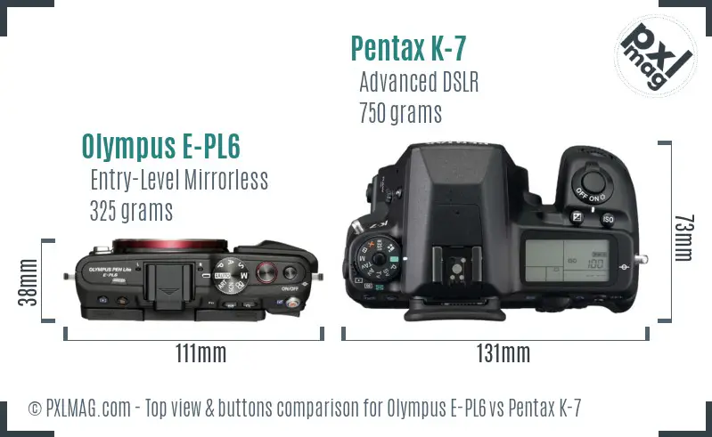 Olympus E-PL6 vs Pentax K-7 top view buttons comparison