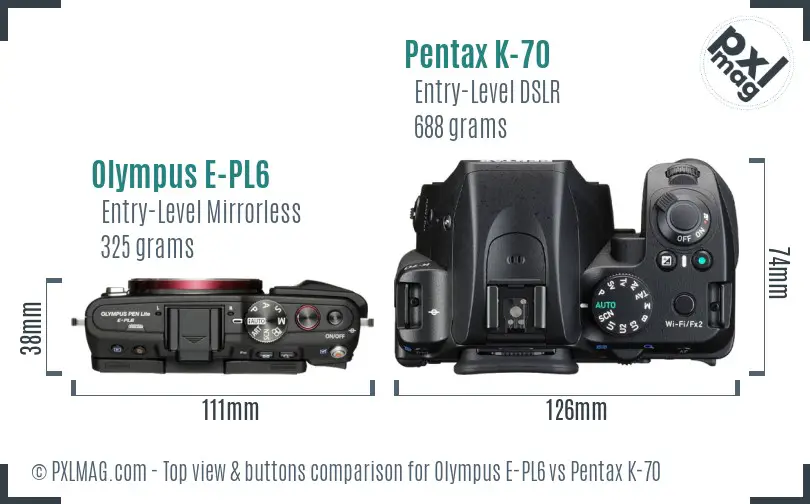 Olympus E-PL6 vs Pentax K-70 top view buttons comparison