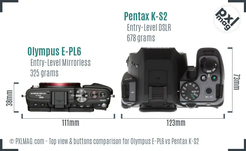Olympus E-PL6 vs Pentax K-S2 top view buttons comparison