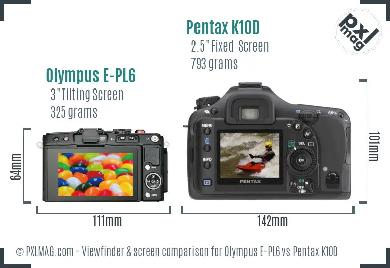 Olympus E-PL6 vs Pentax K10D Screen and Viewfinder comparison