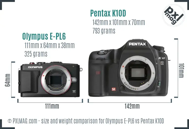 Olympus E-PL6 vs Pentax K10D size comparison