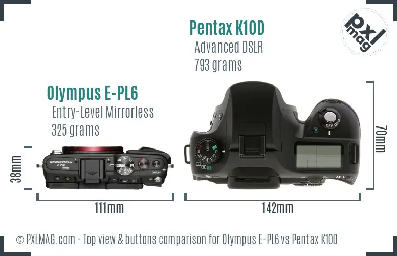 Olympus E-PL6 vs Pentax K10D top view buttons comparison