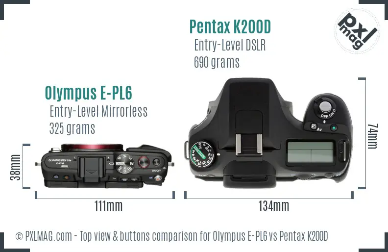Olympus E-PL6 vs Pentax K200D top view buttons comparison