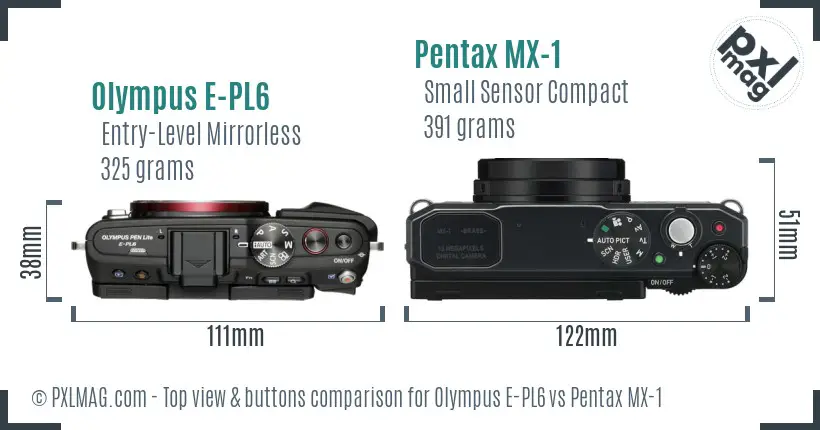 Olympus E-PL6 vs Pentax MX-1 top view buttons comparison