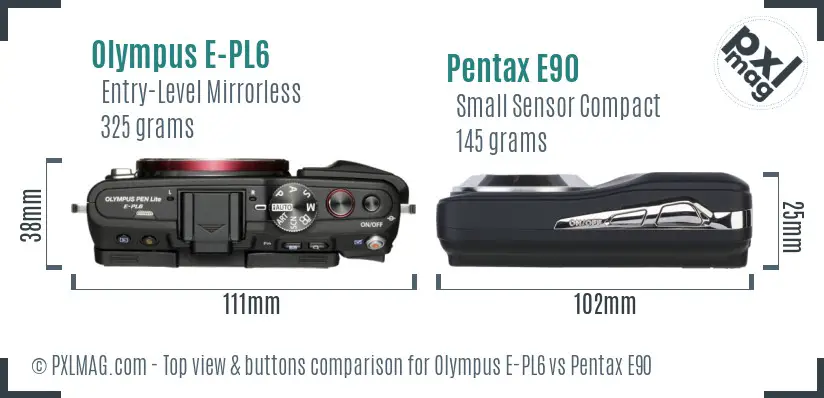 Olympus E-PL6 vs Pentax E90 top view buttons comparison