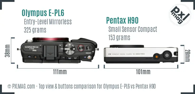 Olympus E-PL6 vs Pentax H90 top view buttons comparison