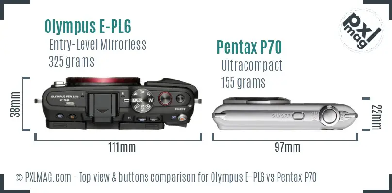 Olympus E-PL6 vs Pentax P70 top view buttons comparison