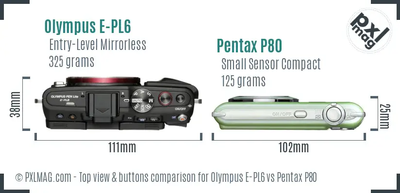 Olympus E-PL6 vs Pentax P80 top view buttons comparison
