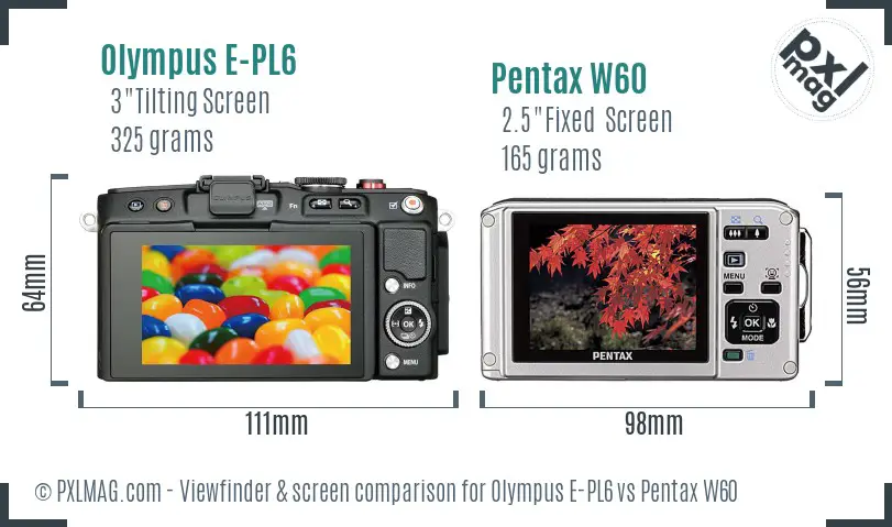 Olympus E-PL6 vs Pentax W60 Screen and Viewfinder comparison