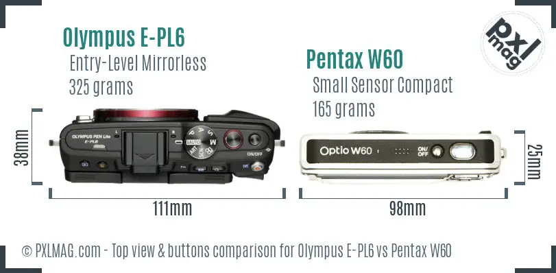Olympus E-PL6 vs Pentax W60 top view buttons comparison