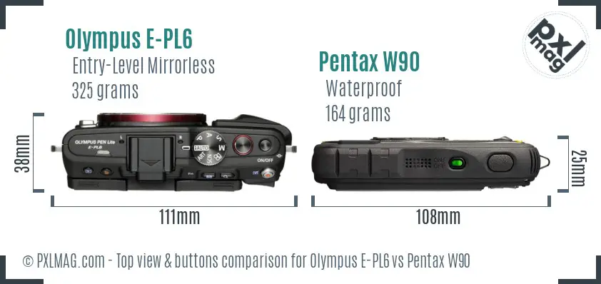 Olympus E-PL6 vs Pentax W90 top view buttons comparison
