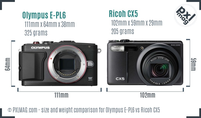 Olympus E-PL6 vs Ricoh CX5 size comparison Olympus E-PL6 vs Ricoh CX5 size comparison
