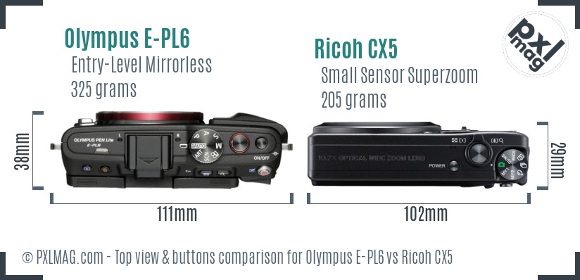 Olympus E-PL6 vs Ricoh CX5 top view buttons comparison