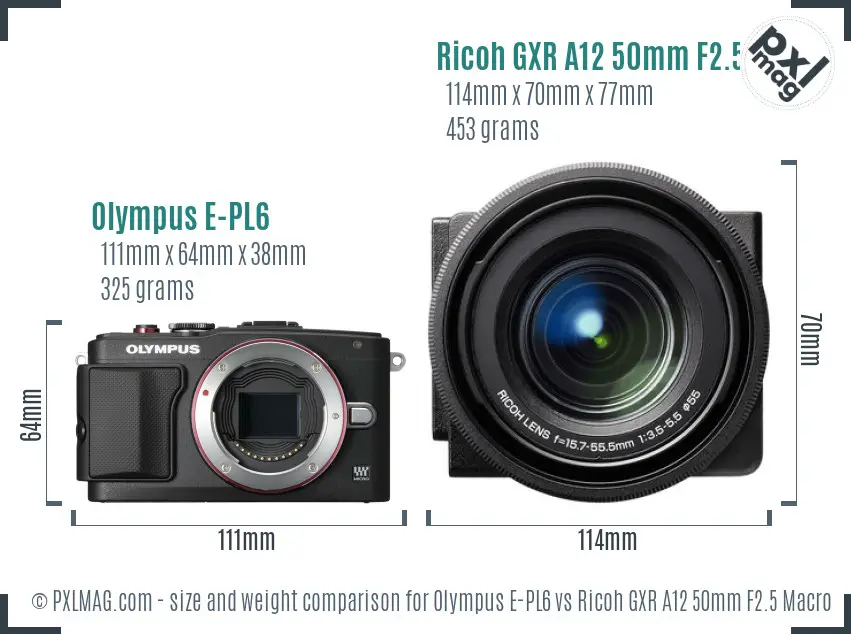 Olympus E-PL6 vs Ricoh GXR A12 50mm F2.5 Macro size comparison