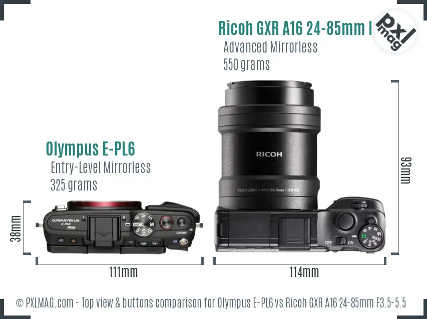 Olympus E-PL6 vs Ricoh GXR A16 24-85mm F3.5-5.5 top view buttons comparison