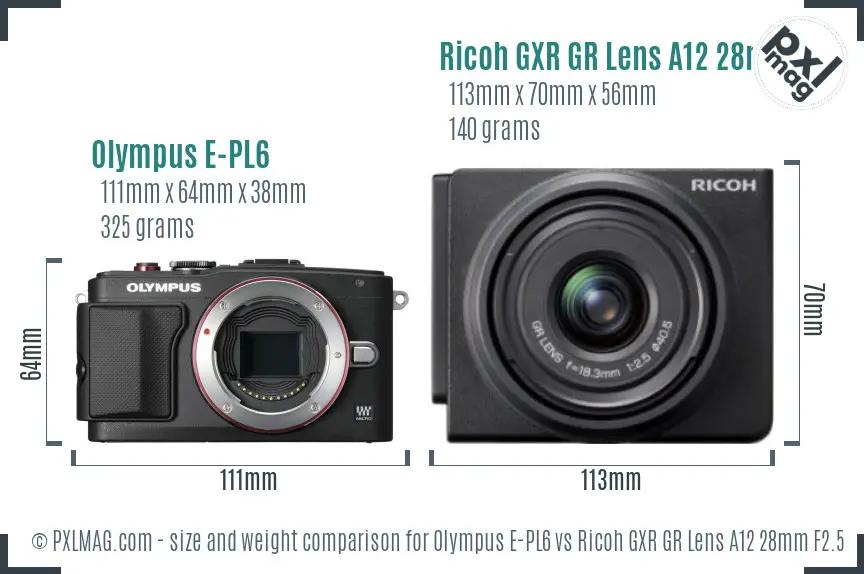 Olympus E-PL6 vs Ricoh GXR GR Lens A12 28mm F2.5 size comparison Olympus E-PL6 vs Ricoh GXR GR Lens A12 28mm F2.5 size comparison