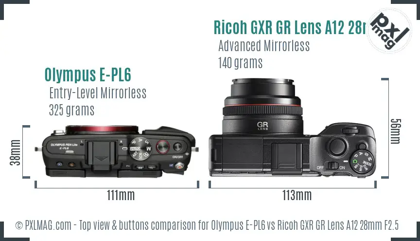 Olympus E-PL6 vs Ricoh GXR GR Lens A12 28mm F2.5 top view buttons comparison Olympus E-PL6 vs Ricoh GXR GR Lens A12 28mm F2.5 top view buttons comparison