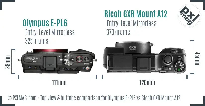Olympus E-PL6 vs Ricoh GXR Mount A12 top view buttons comparison