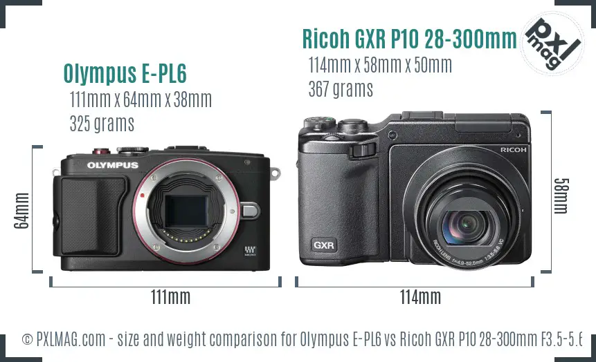 Olympus E-PL6 vs Ricoh GXR P10 28-300mm F3.5-5.6 VC size comparison