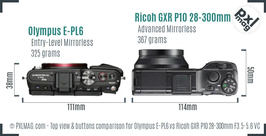 Olympus E-PL6 vs Ricoh GXR P10 28-300mm F3.5-5.6 VC top view buttons comparison
