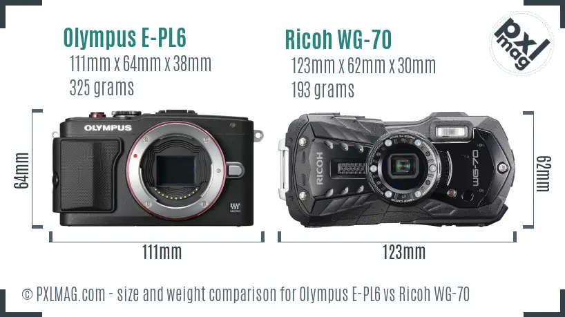 Olympus E-PL6 vs Ricoh WG-70 size comparison Olympus E-PL6 vs Ricoh WG-70 size comparison