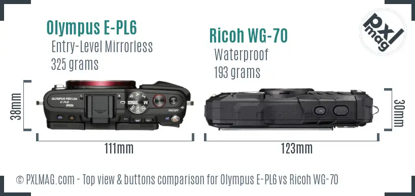 Olympus E-PL6 vs Ricoh WG-70 top view buttons comparison Olympus E-PL6 vs Ricoh WG-70 top view buttons comparison