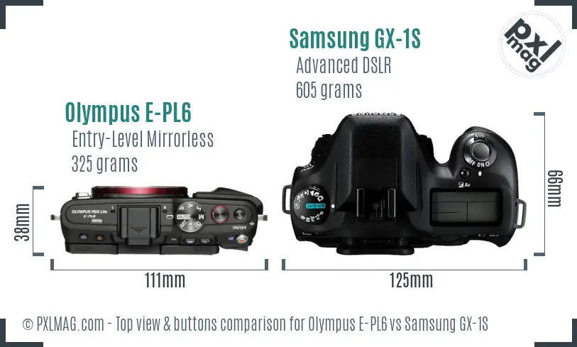 Olympus E-PL6 vs Samsung GX-1S top view buttons comparison Olympus E-PL6 vs Samsung GX-1S top view buttons comparison