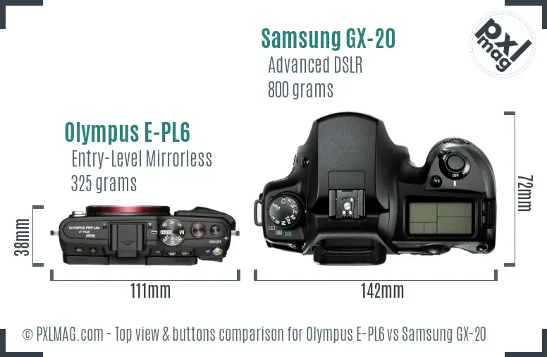 Olympus E-PL6 vs Samsung GX-20 top view buttons comparison