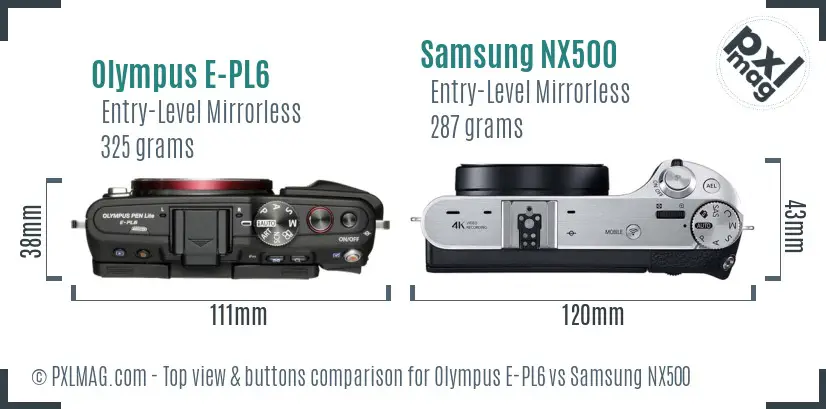 Olympus E-PL6 vs Samsung NX500 top view buttons comparison