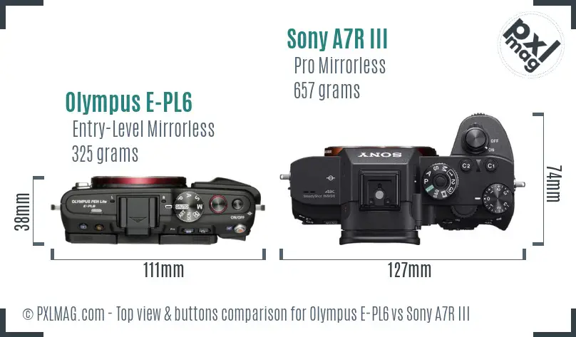 Olympus E-PL6 vs Sony A7R III top view buttons comparison