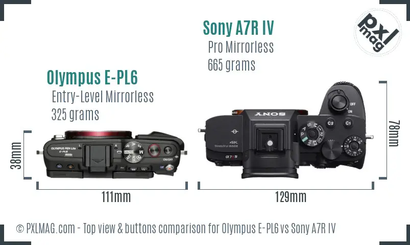 Olympus E-PL6 vs Sony A7R IV top view buttons comparison