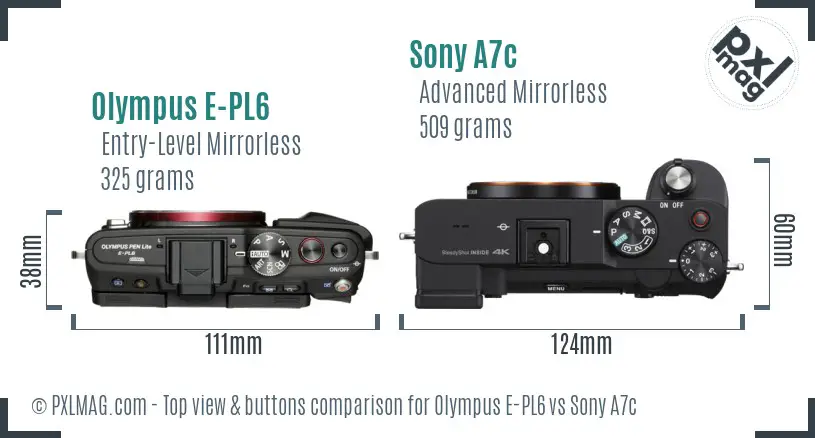 Olympus E-PL6 vs Sony A7c top view buttons comparison