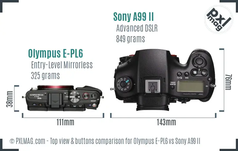 Olympus E-PL6 vs Sony A99 II top view buttons comparison