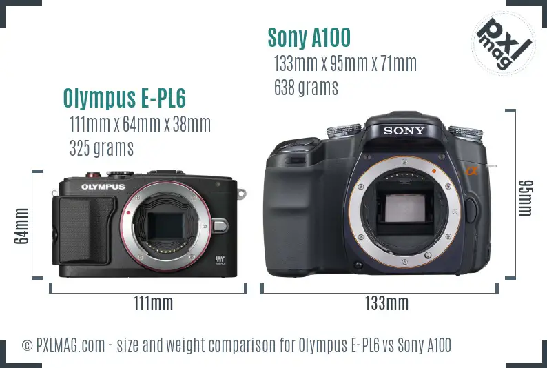 Olympus E-PL6 vs Sony A100 size comparison Olympus E-PL6 vs Sony A100 size comparison