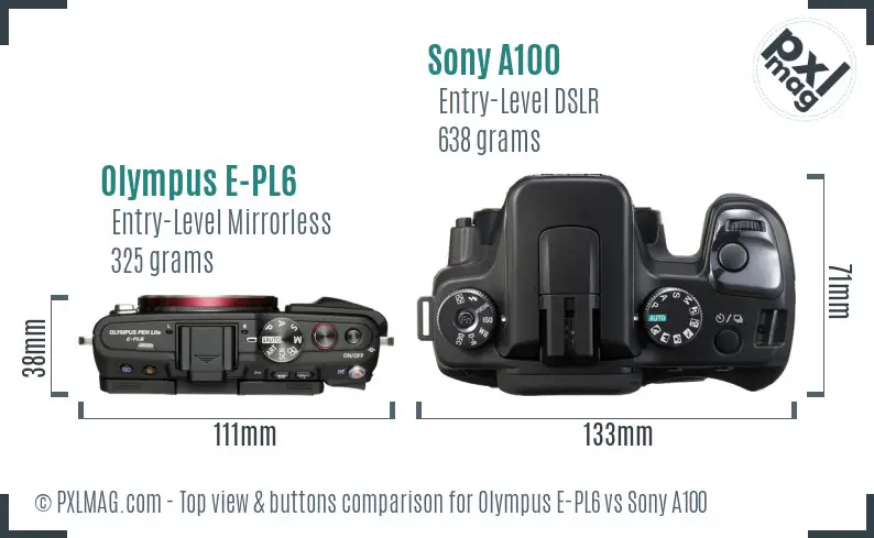 Olympus E-PL6 vs Sony A100 top view buttons comparison Olympus E-PL6 vs Sony A100 top view buttons comparison