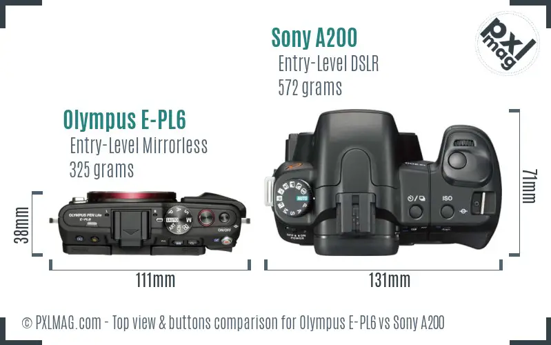 Olympus E-PL6 vs Sony A200 top view buttons comparison Olympus E-PL6 vs Sony A200 top view buttons comparison